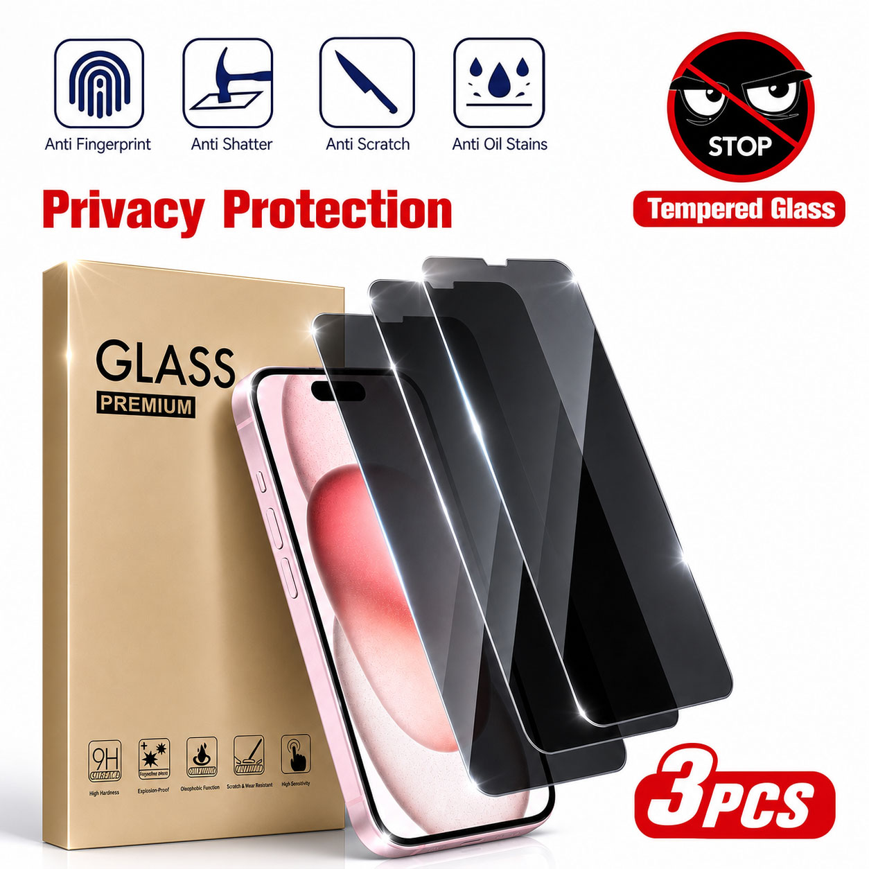 Anti Spy Privacy Glass Case - 3枚入りプライバシースクリーンプロテクター、Apple 17/17Pro/17Promax対応、覗き見防止強化ガラス保護ケース