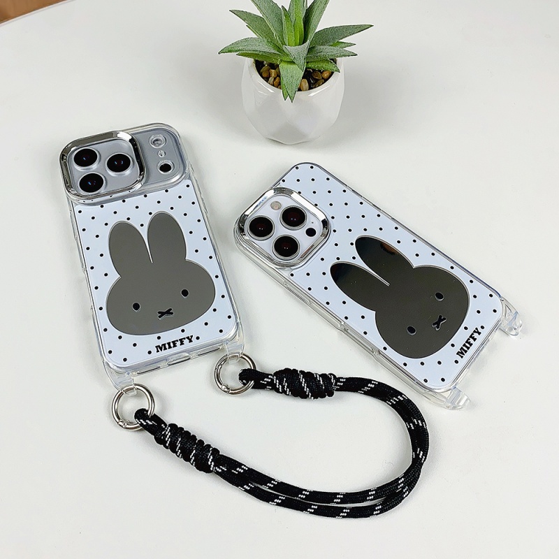 Cute Cartoon Wrist Strap Silicone Case - 高級メイクアップミラー付きキュートな漫画ミッフィー水玉模様iPhone 15 16 17 Pro Max用スマホケース