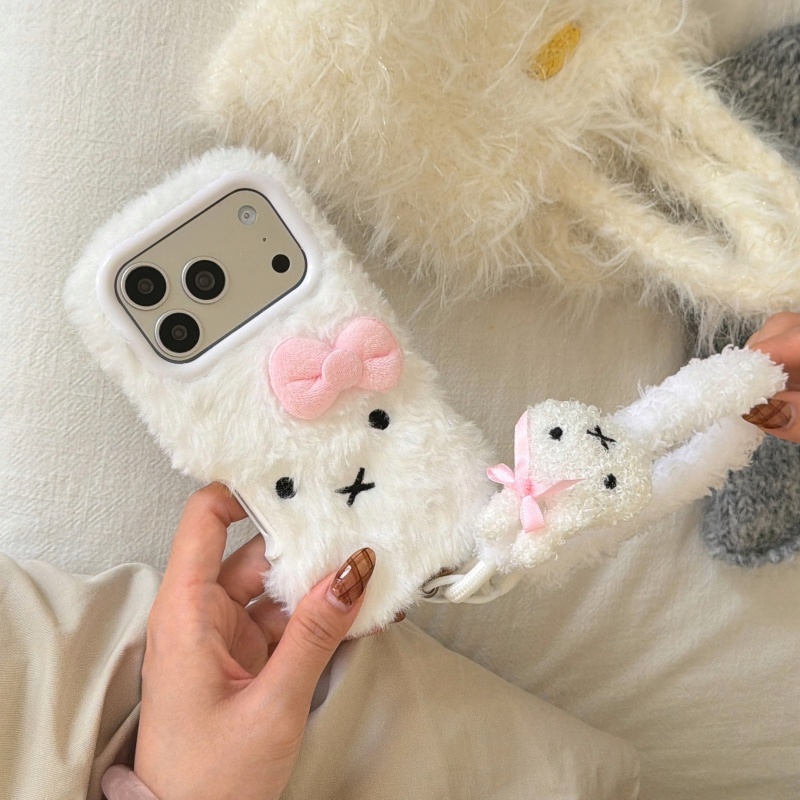 Cute Cartoon Wrist Strap Silicone Case - かわいい漫画風白いふわふわのミッフィーのスマホケース iPhone 17 13 14 15