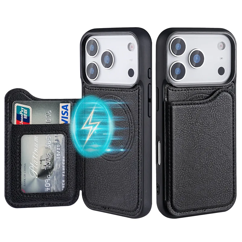 Leather Wallet Card Holder Phone Cover - MagSafe対応 マグネット式フリップレザーウォレットカードホルダー付きiPhone 17 Air/16/15 Plus/14/13/12 Pro