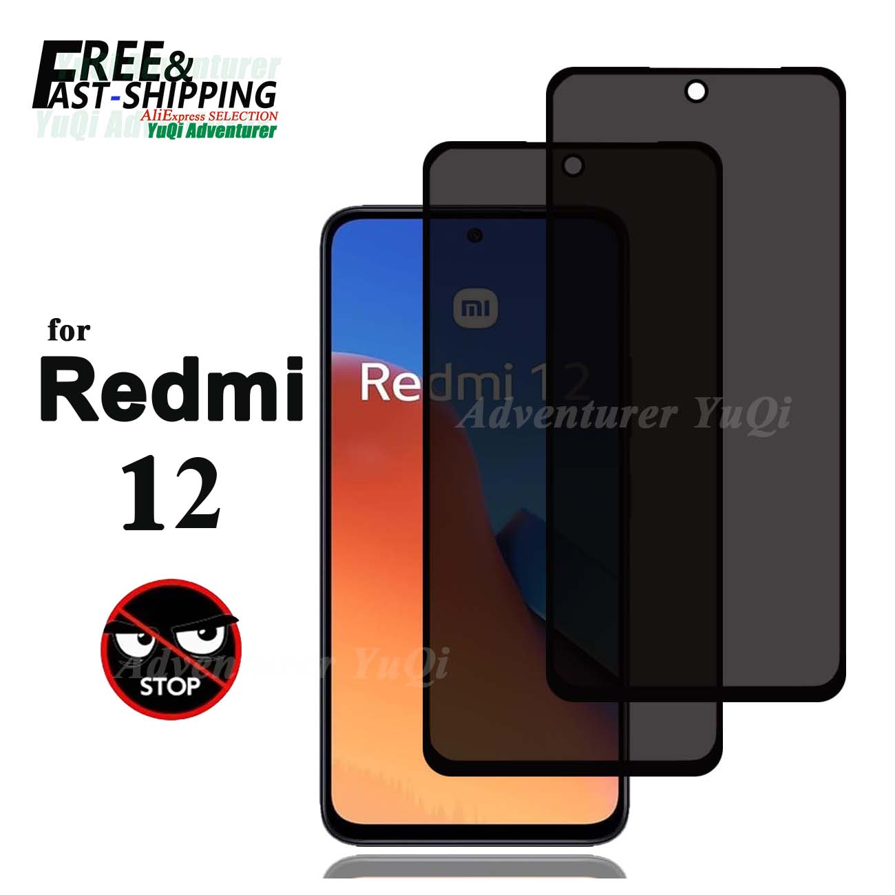 Anti Spy Privacy Glass Case - アンチスパイスクリーンプロテクター Xiaomi Redmi 12 プライバシー強化ガラス 9H
