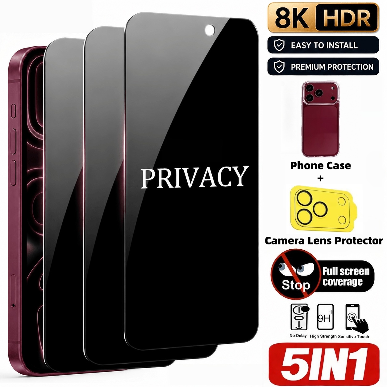 Anti Spy Privacy Glass Case - 【5点セット】プライバシー強化ガラススクリーンプロテクター3枚 + 透明スマホケース1個 + カメラレンズプロテクター1個（iPhone用）