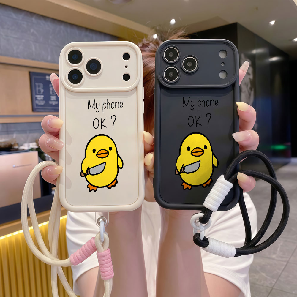 Cute Cartoon Wrist Strap Silicone Case - かわいい漫画のアヒルのリストストラップ付きスマホケース iPhone 16E 17E 15 16