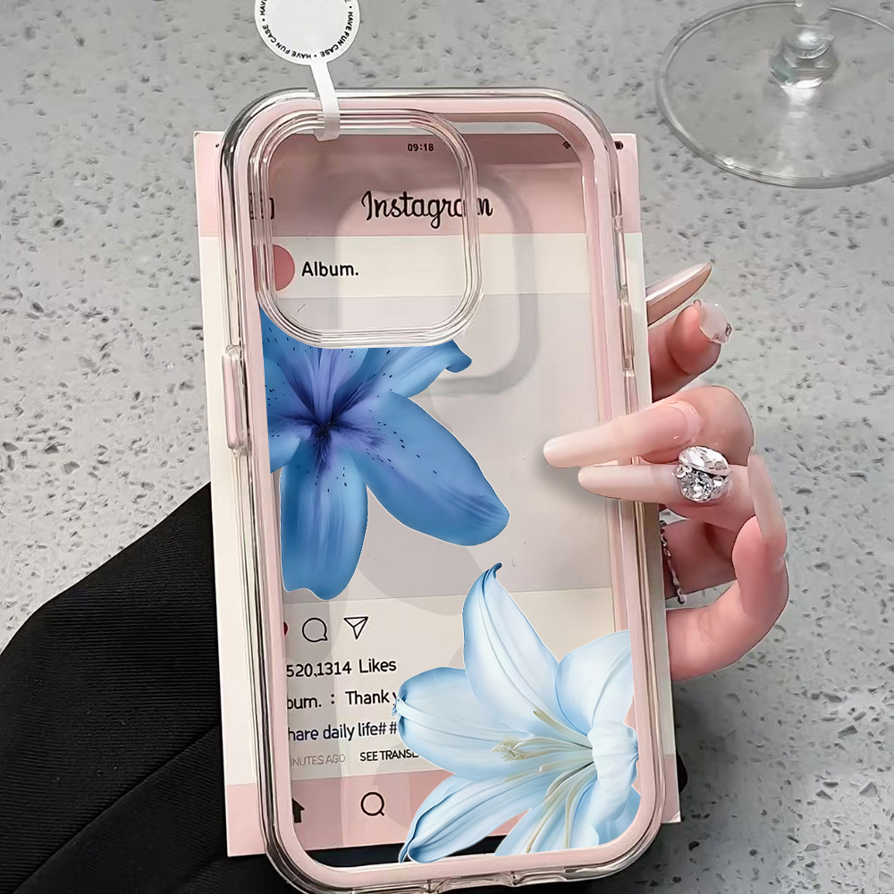 Clear Shockproof Bumper Case - 青いユリの花柄クリアスマホケース iPhone 17 13 16 15