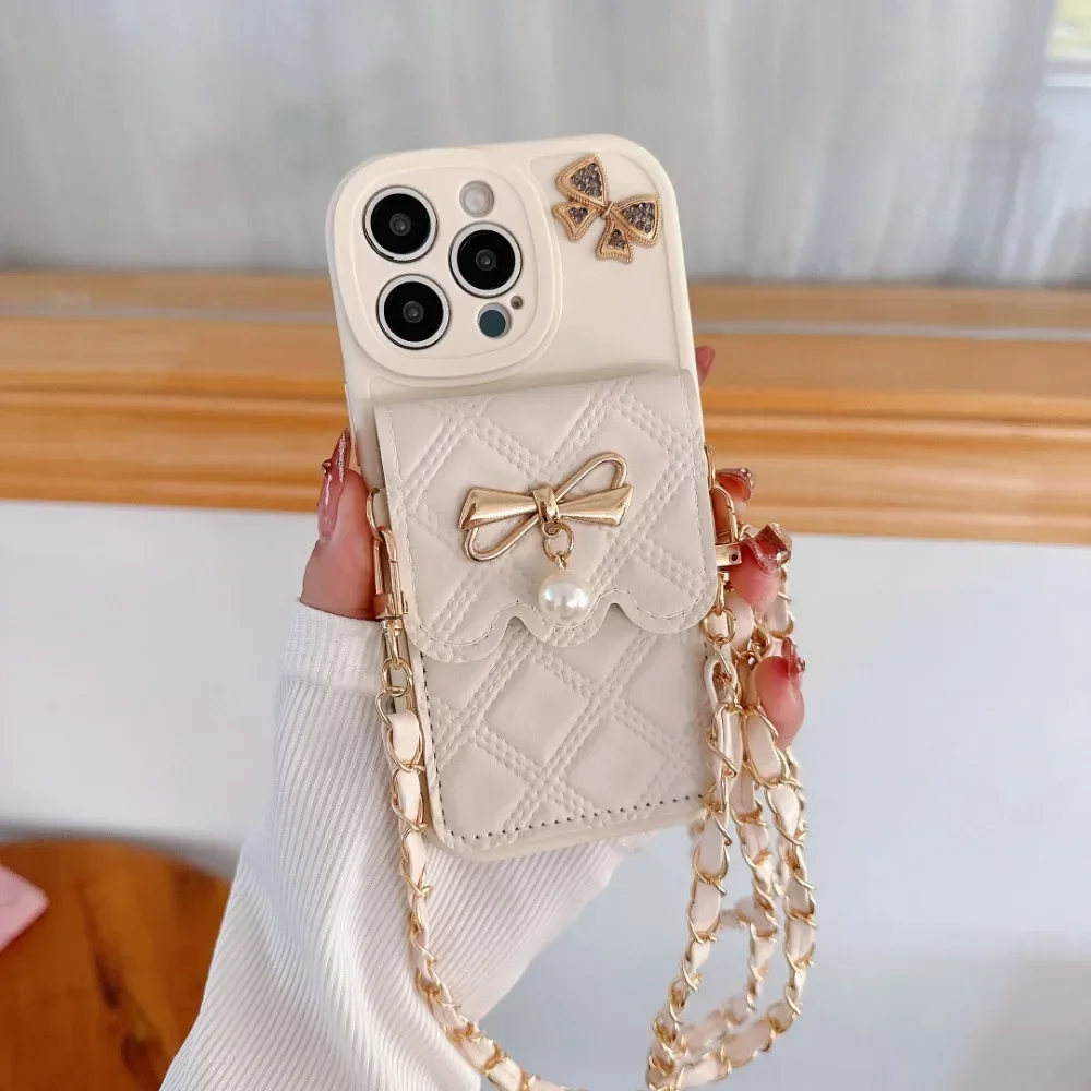 Leather Wallet Card Holder Phone Cover - 3Dリボン付きクロスボディカードホルダー付き財布型スマホケース iPhone 17 Air 18 16