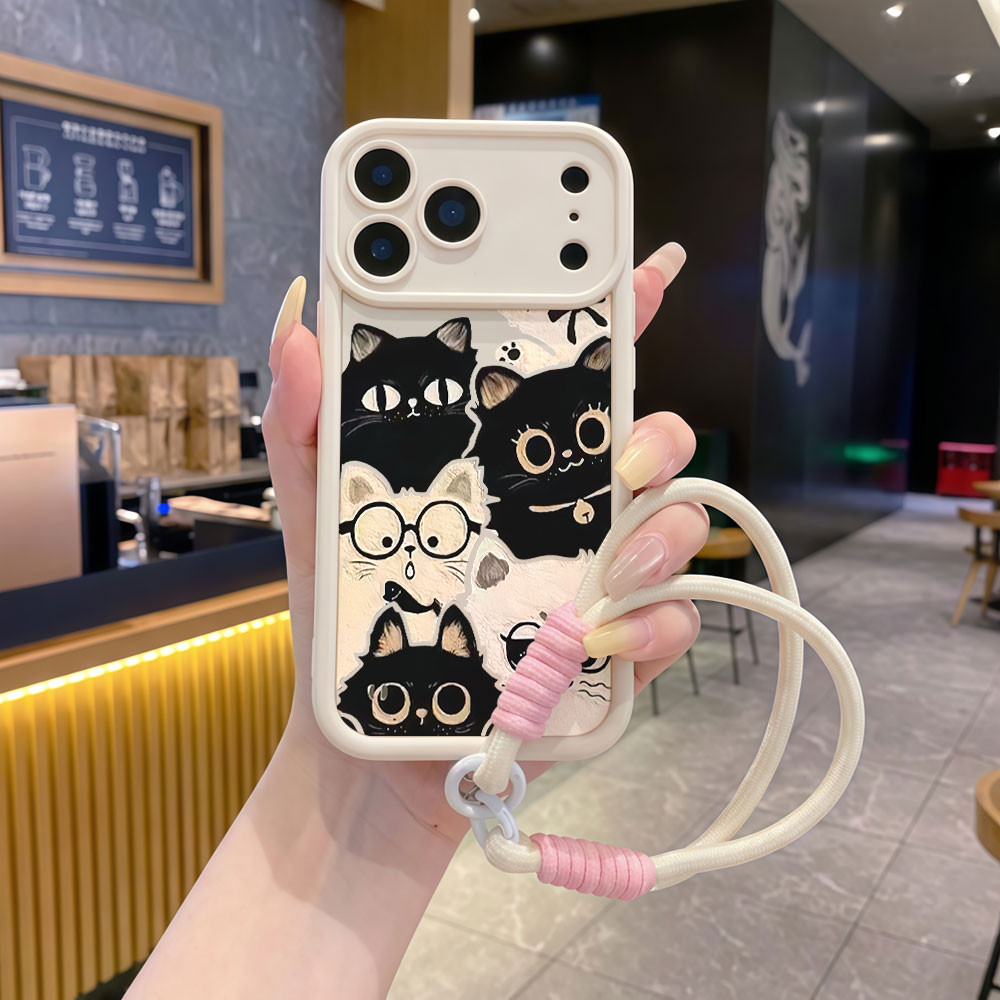 Cute Cartoon Wrist Strap Silicone Case - 耐衝撃性のある可愛い漫画猫柄のスマホケース iPhone 17 16 12 15