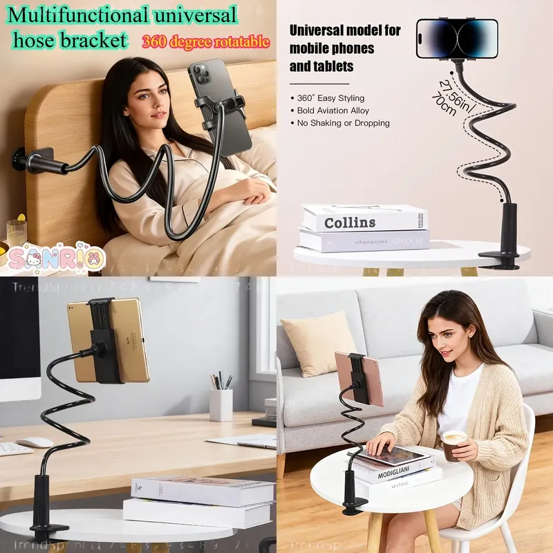 Phone Stands - 360度フレキシブルホース式スマホホルダー、タブレットスタンド、安定性のある防振機能、角度調整可能なデスクトップ用クリップオン