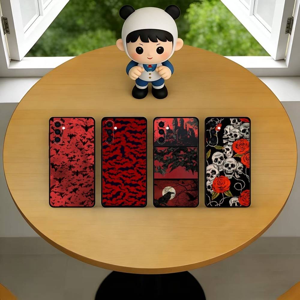 Vintage Floral Pattern Soft Case - ヴィンテージレッドバットスカルトレンディパターン電話ケースサムスンギャラクシーA73、A72、A71、A70、A53、A52、A51、その他ソフトブラックカバー用