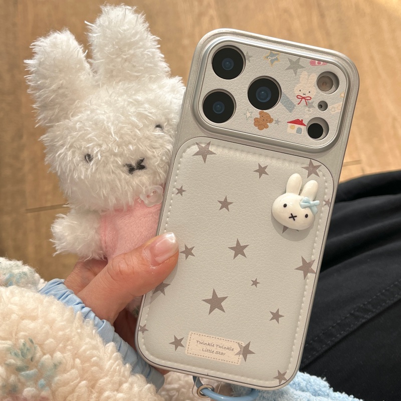 Cute Cartoon Wrist Strap Silicone Case - 豪華な漫画風キュートな星型3D立体ミッフィーレザー製iPhoneケース（iPhone 13、14、15、16、17 Pro Max対応）可愛いミッフィーのファー付きリストストラップ付き ﻿ ﻿