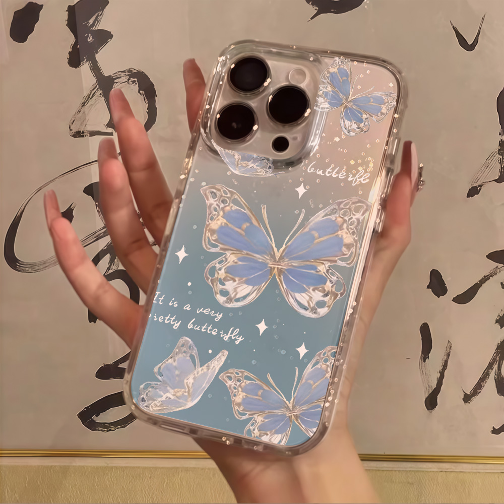 Clear Shockproof Bumper Case - 高級ブルーバタフライクリアグリッターフォンケース iPhone 17 13 16 15