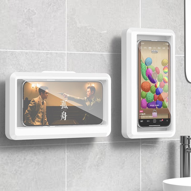 Phone Stands - 浴室用防水スマホホルダー、壁掛け式スマホケーススタンドボックス、自己粘着式タッチスクリーンスマホブラケット、シャワー用密閉収納