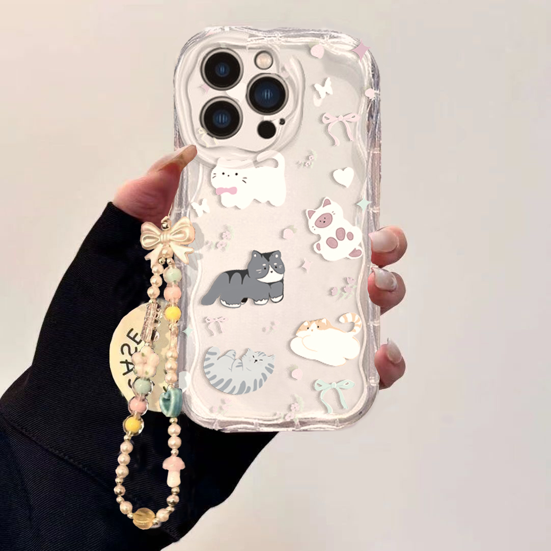 かわいい猫のリボン付きリストチェーンケース、Samsung  - Cute Cartoon Wrist Strap Silicone Case のレビューと価格
