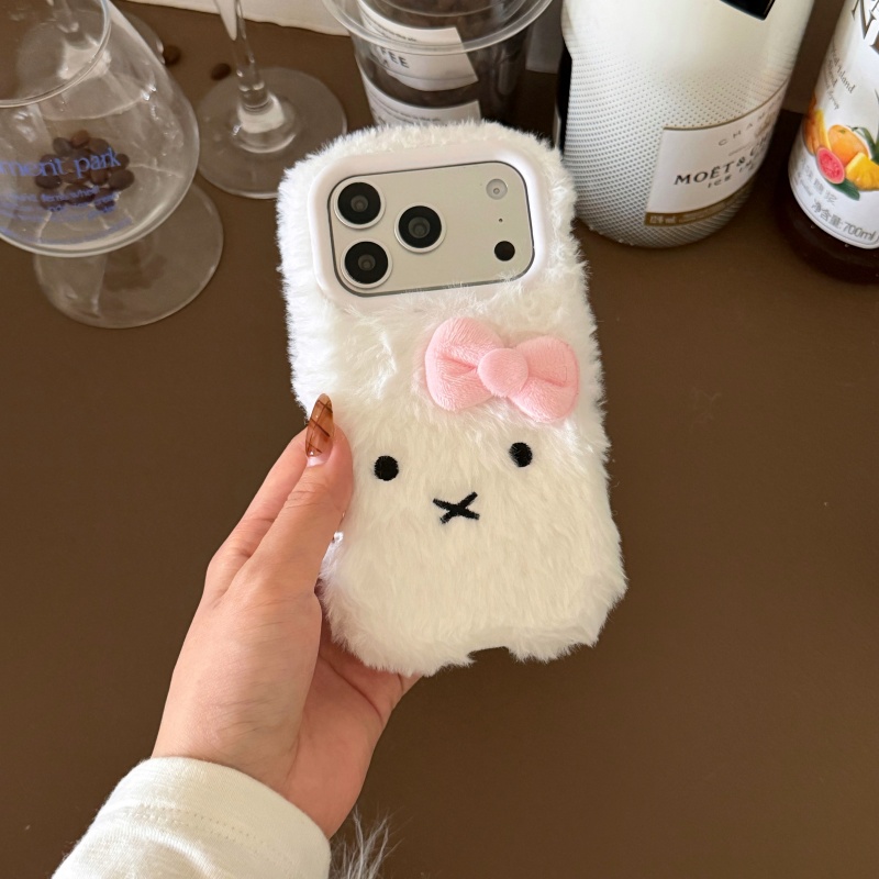 かわいい漫画風白いふわふわのミッフィーのスマホケース iPh - Cute Cartoon Wrist Strap Silicone Case のレビューと価格