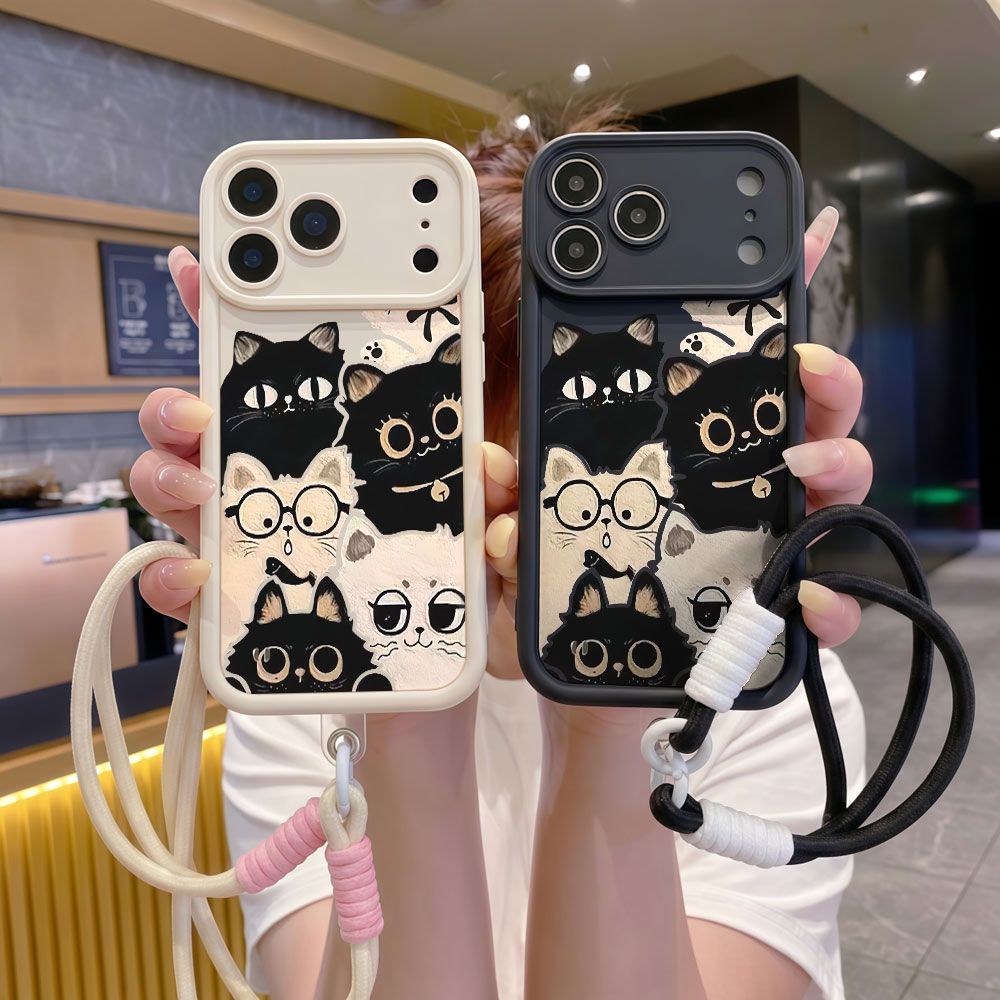 耐衝撃性のある可愛い漫画猫柄のスマホケース iPhone 1 - Cute Cartoon Wrist Strap Silicone Case のレビューと価格