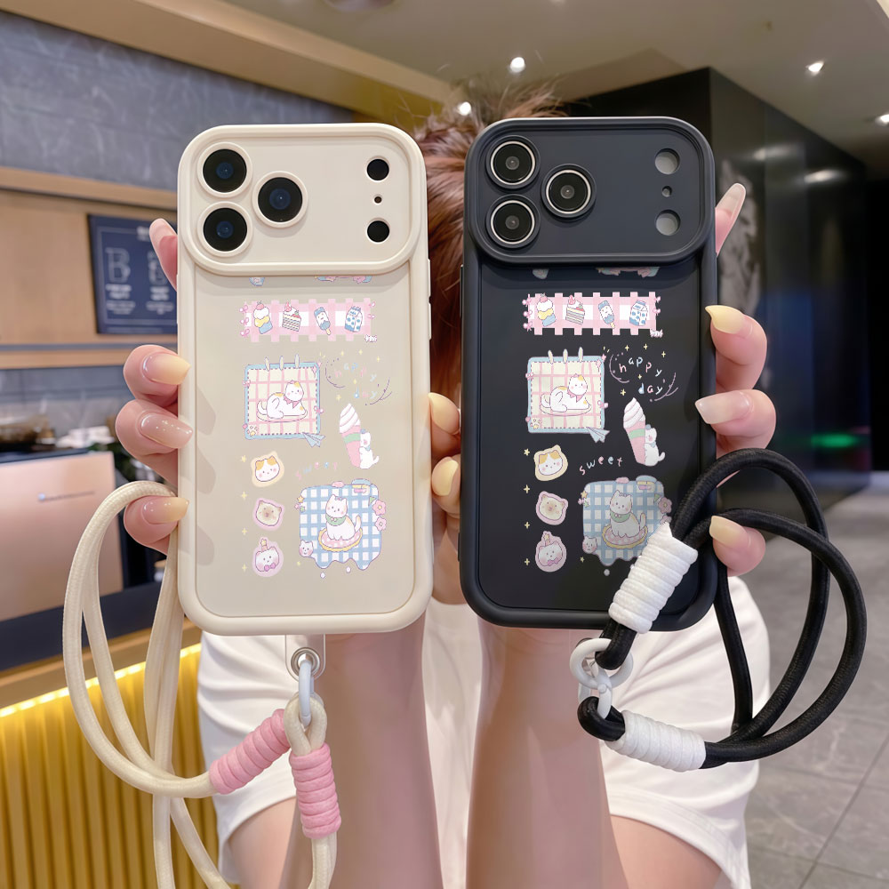 リストストラップ付き漫画風キュートな猫柄ランヤード携帯ケース - Cute Cartoon Wrist Strap Silicone Case のレビューと価格