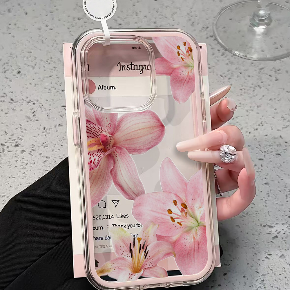 ピンクのユリの花柄クリアスマホケース iPhone 17 1 - Clear Shockproof Bumper Case のレビューと価格
