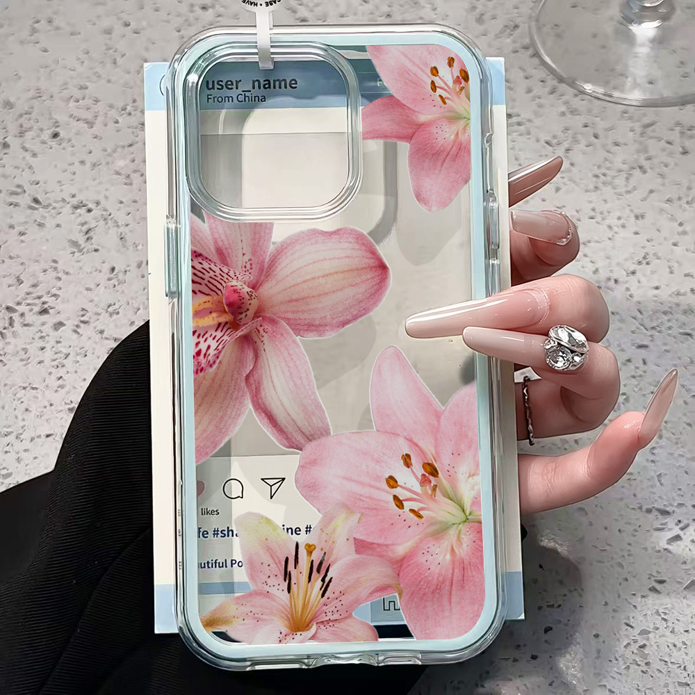 ピンクのユリの花柄クリアスマホケース iPhone 17 1 - Clear Shockproof Bumper Case のレビューと価格