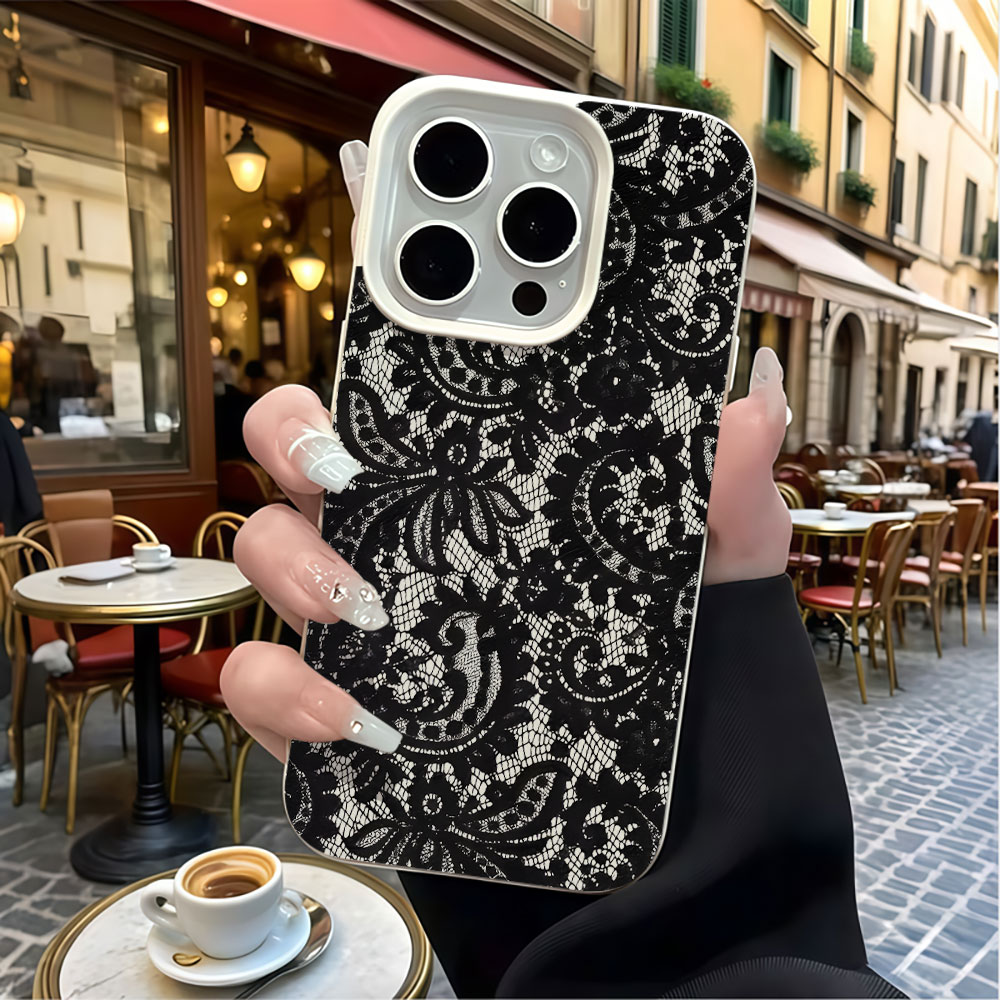 黒のヴィンテージ風花柄レースライチ柄スマホケース iPhon - Vintage Floral Pattern Soft Case のレビューと価格