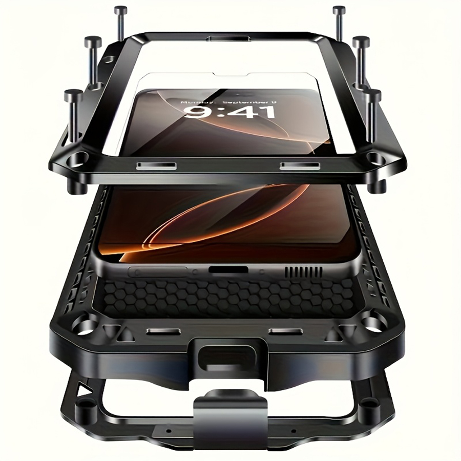 頑丈な金属製アーマー型携帯電話ケース、内蔵ガラススクリーンプ - Heavy Duty 360 Full Body Protective Case のレビューと価格