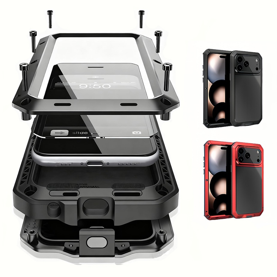 頑丈な金属製アーマー型携帯電話ケース、内蔵ガラススクリーンプ - Heavy Duty 360 Full Body Protective Case のレビューと価格