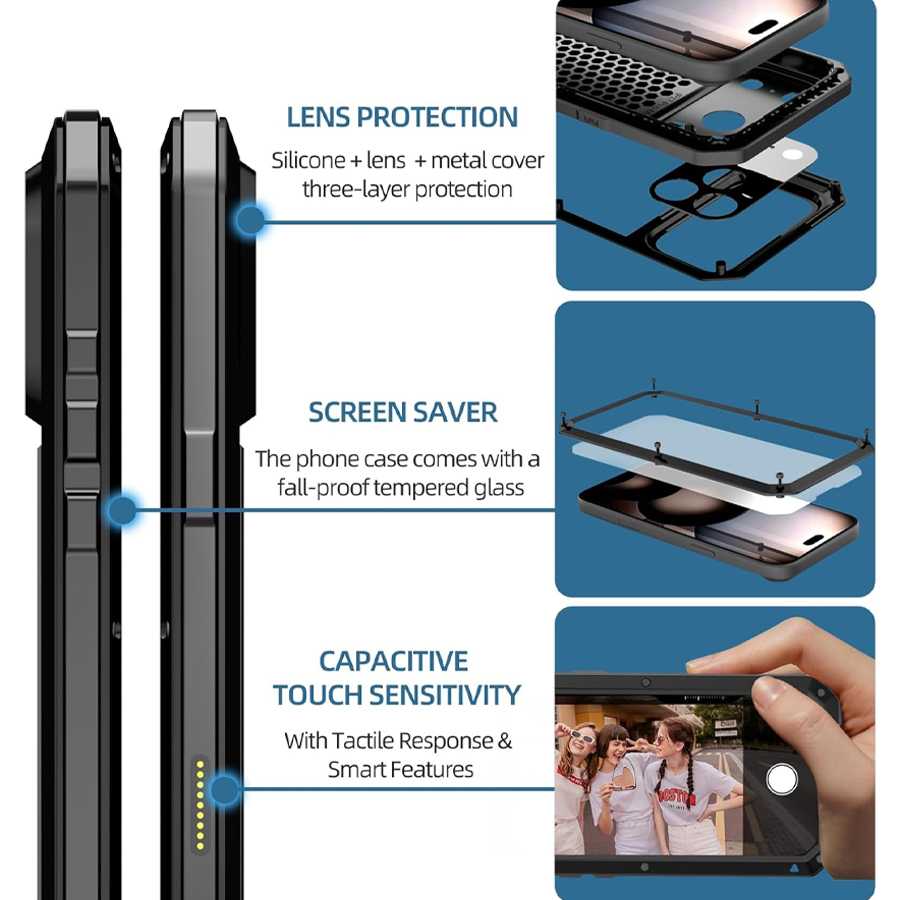 頑丈な金属製アーマー型携帯電話ケース、内蔵ガラススクリーンプ - Heavy Duty 360 Full Body Protective Case のレビューと価格